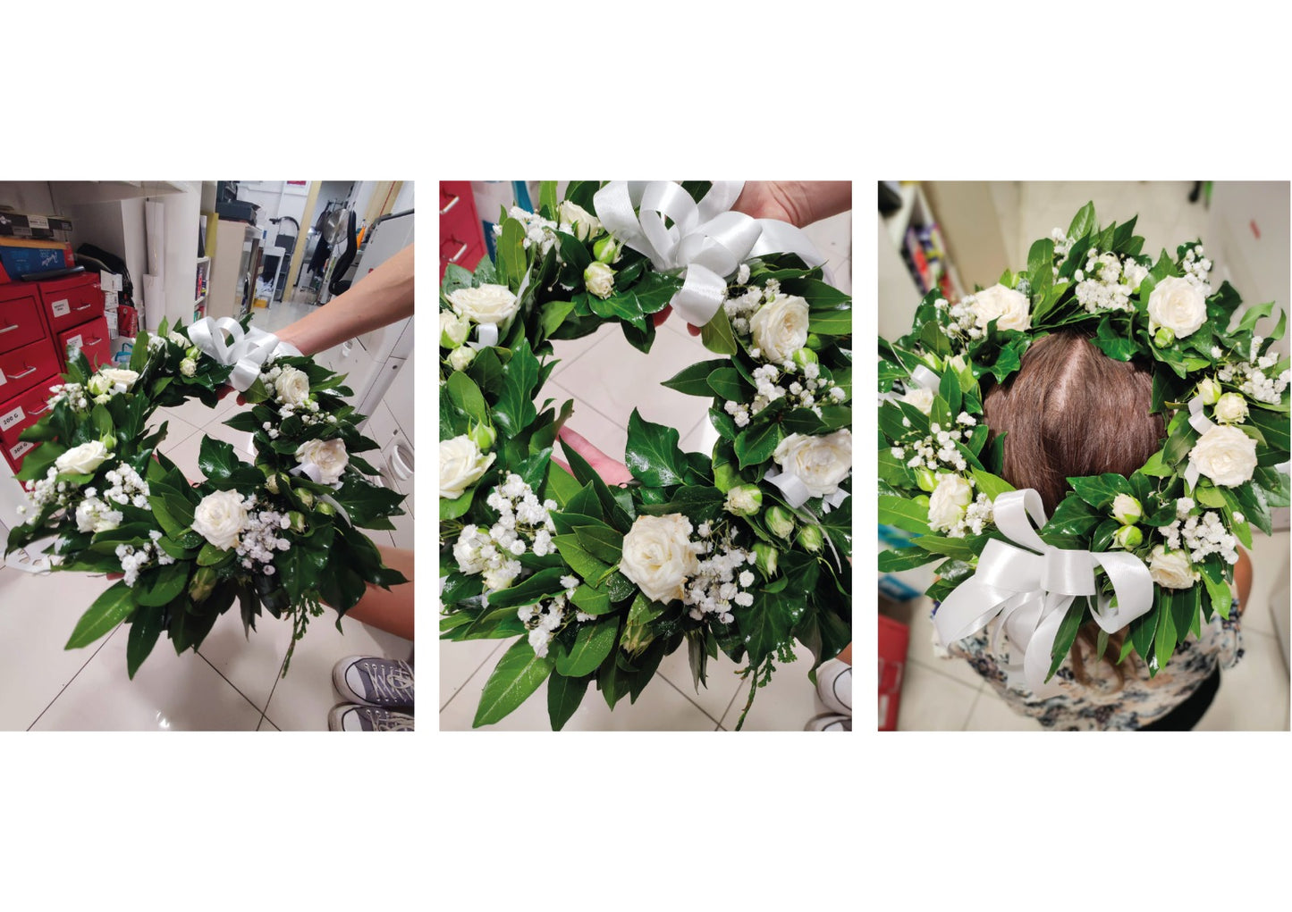 Corona Rose Bianche, Bacche e Nastro